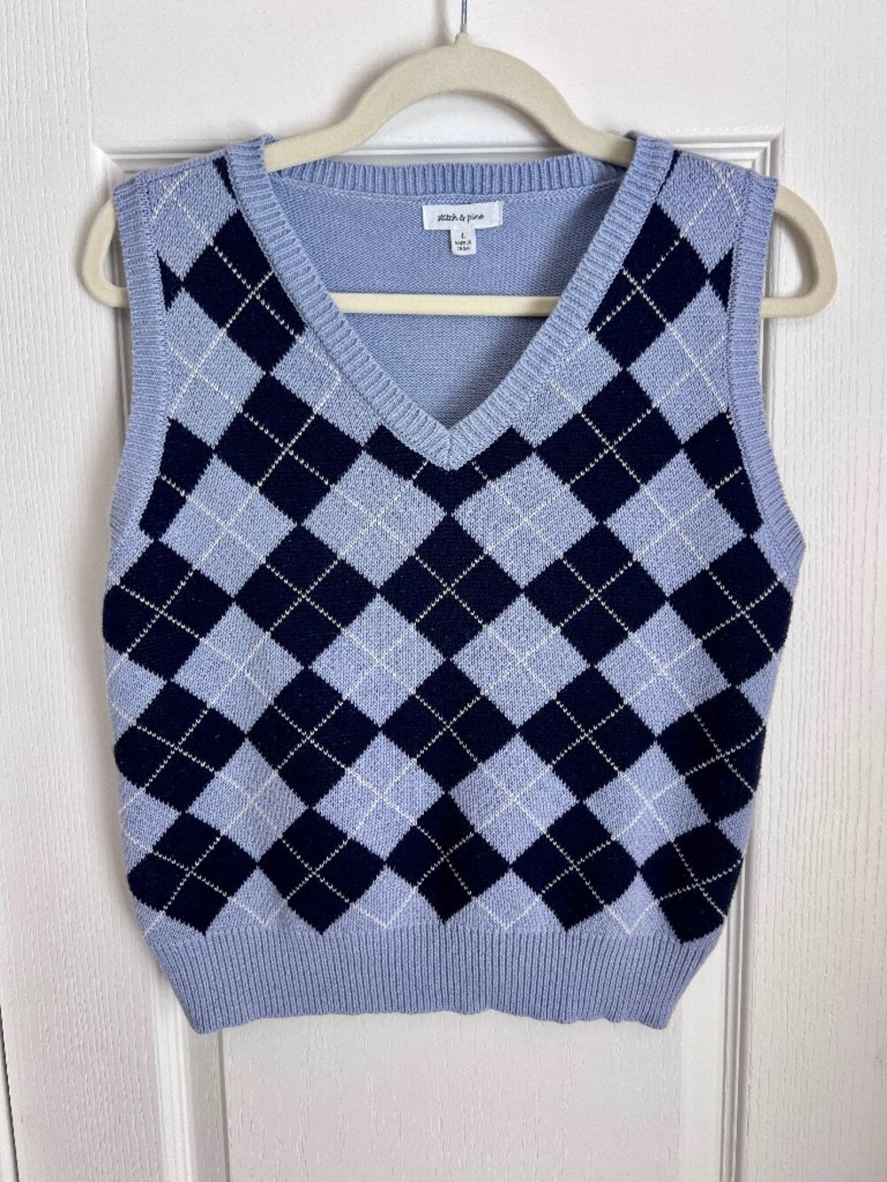 Stitch & Pine Pastel Periwinkle Blue Argyle Knit Sweater Vest Large